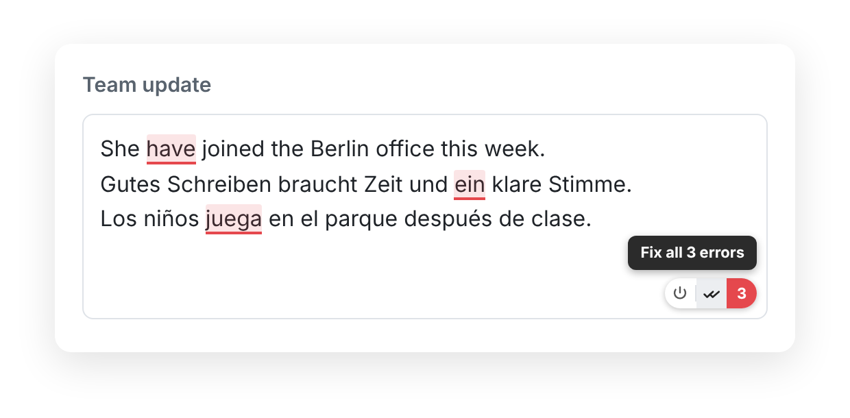 A text box with one sentence each in English, German and Spanish, one mistake underlined in each, and a button reading “Fix all 3 errors”.
