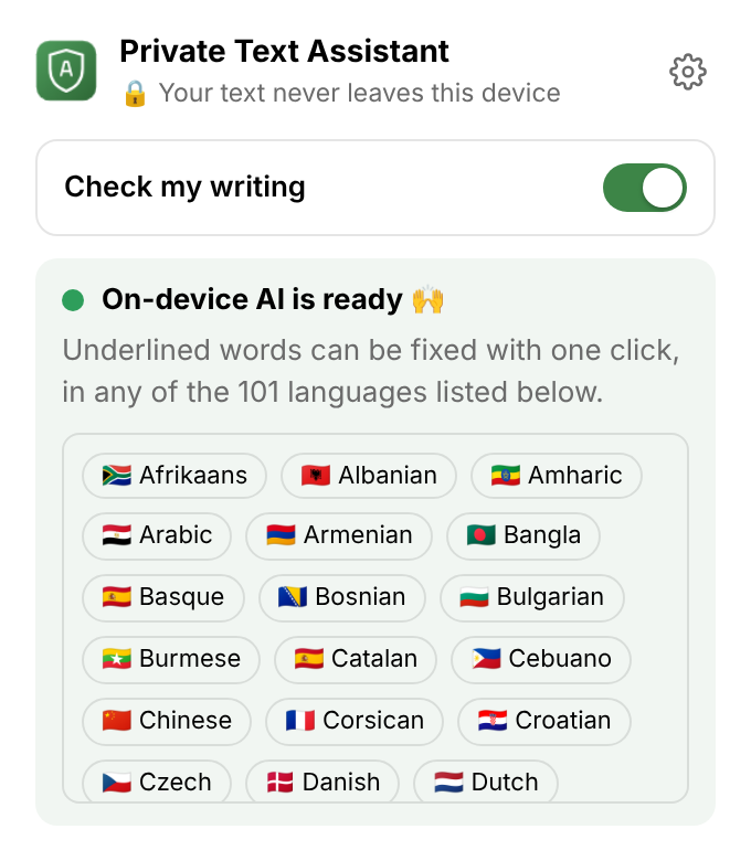 The extension's menu: a switch for checking, “On-device AI is ready”, and the list of languages.