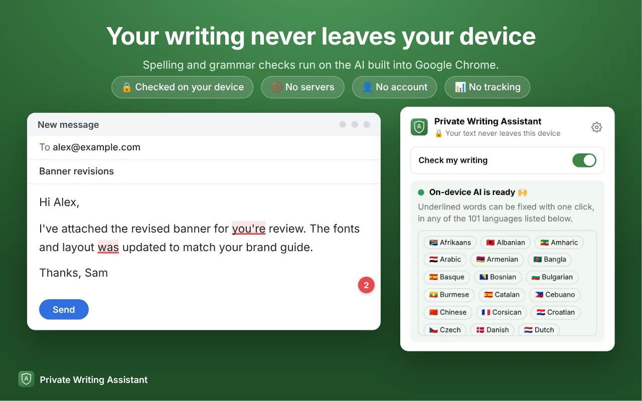 Spelling and grammar checks run on the AI built into Google Chrome.